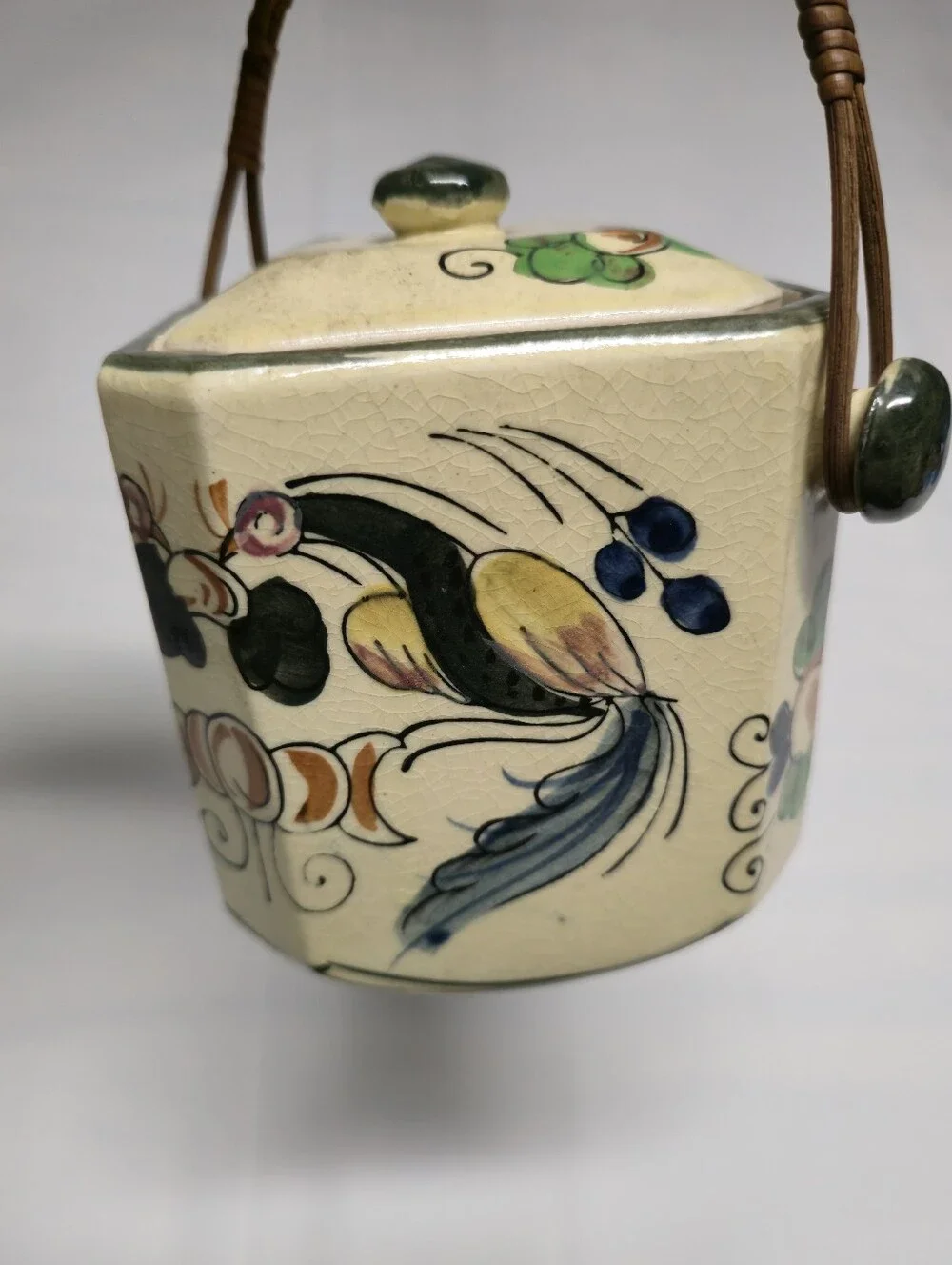 Vintage Japanese Ceramic Hexagonal Tea/Biscuit Canister with Woven Handle